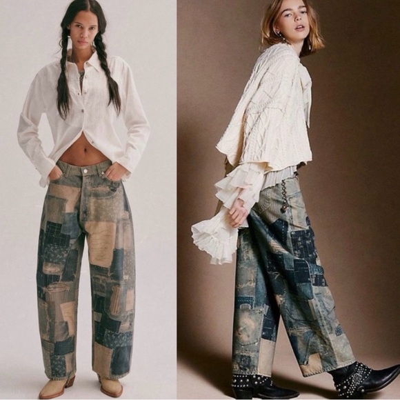 We The Free Denim - Free People Illusions 
Patchwork Relaxed Barrel Jeans
Indigo Size 26 NWT RARE